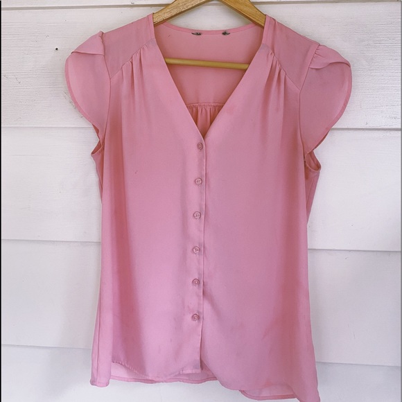 Vintage Tops - Vintage 70s pink chiffon blouse size medium ruffle cap sleeves workwear